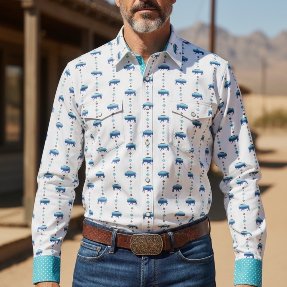 Panhandle Rough Stock Buffalo Aztec Print Pearl Snap Shirt XL